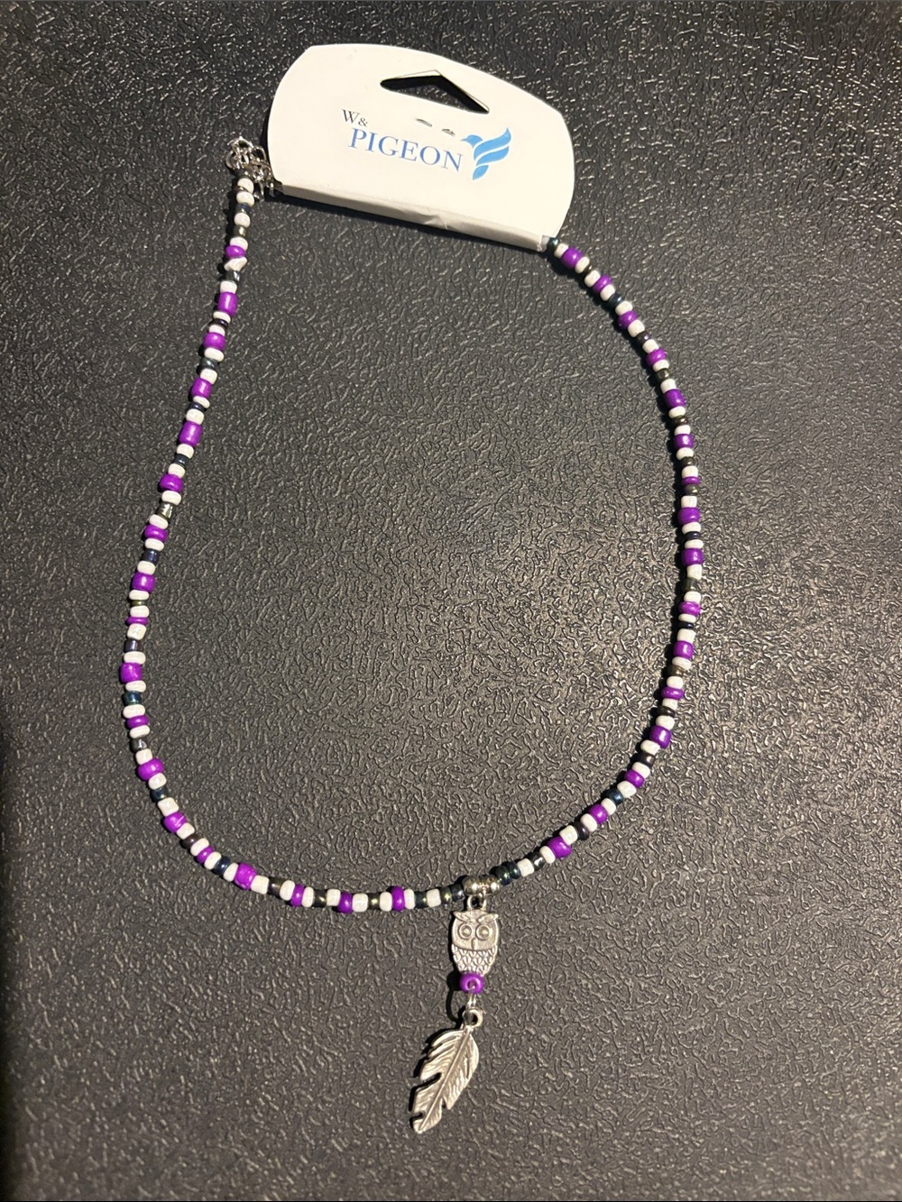 Purple & White Beaded Necklace with Owl & Feather Charms